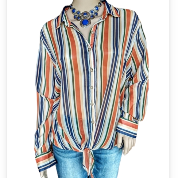 Ultra Violet Sheer Collard Striped Tie Blouse - Picture 1 of 6